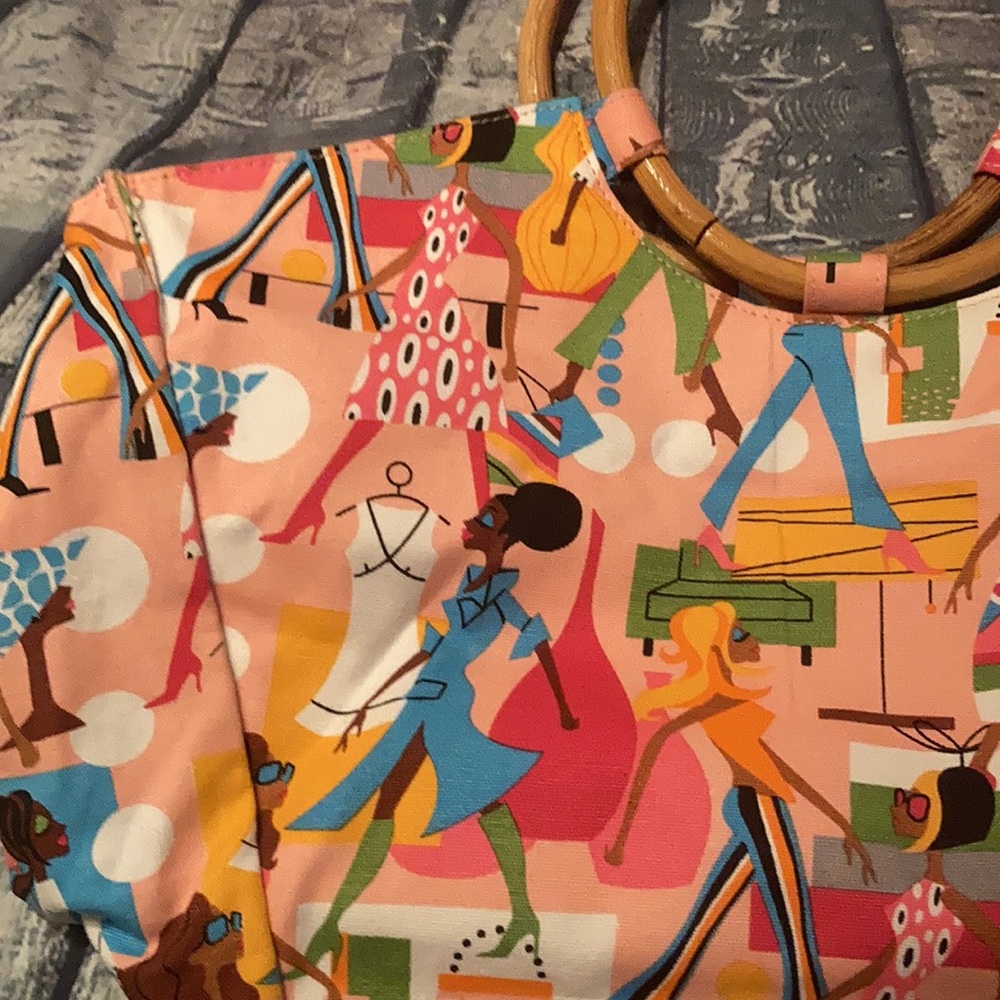 Neiman Marcus Vintage Women Pink Printed Tote With Wooden Handles - Picture 5 of 6